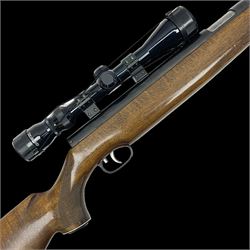 Weihrauch model HW 77 K  .22 air rifle with under lever action, beech stock with chequered pistol grip and Tasco WA39x40-1 scope, serial no.1283661 L102cm overall NB: AGE RESTRICTIONS APPLY TO THE PURCHASE OF THIS LOT