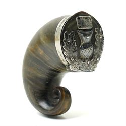 Victorian Scottish horn and silver mounted snuff mull, the hinged cover with thistle and l...