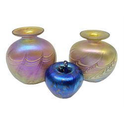 Two Robert Held glass vases, together with Adrian Sankey apple paperweight, vases H10cm 