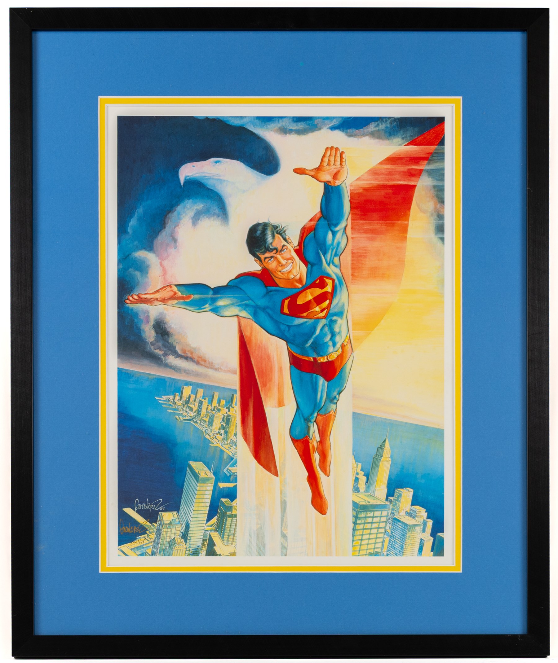 Two limited edition signed prints, comprising 'Batman: The Golden Years', signed to bottom right corner by Batman co-creator Bob Kane, printer's proof no. 87/100, released to commemorate Batman's 50th Anniversary and 'Superman: The Soaring Eagle', signed to bottom left by Jose Luis Garcia-Lopez, released to commemorate Superman's 50th Anniversary, artwork largest H50cm, W40cm, framed