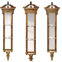 Theodore Alexander - three contemporary neoclassical design giltwood and mahogany three-sectional pier mirrors, broken pediment with central bronze urn finial above triple mirror plates, flanked by gilt acanthus-carved supports and moulded frame 