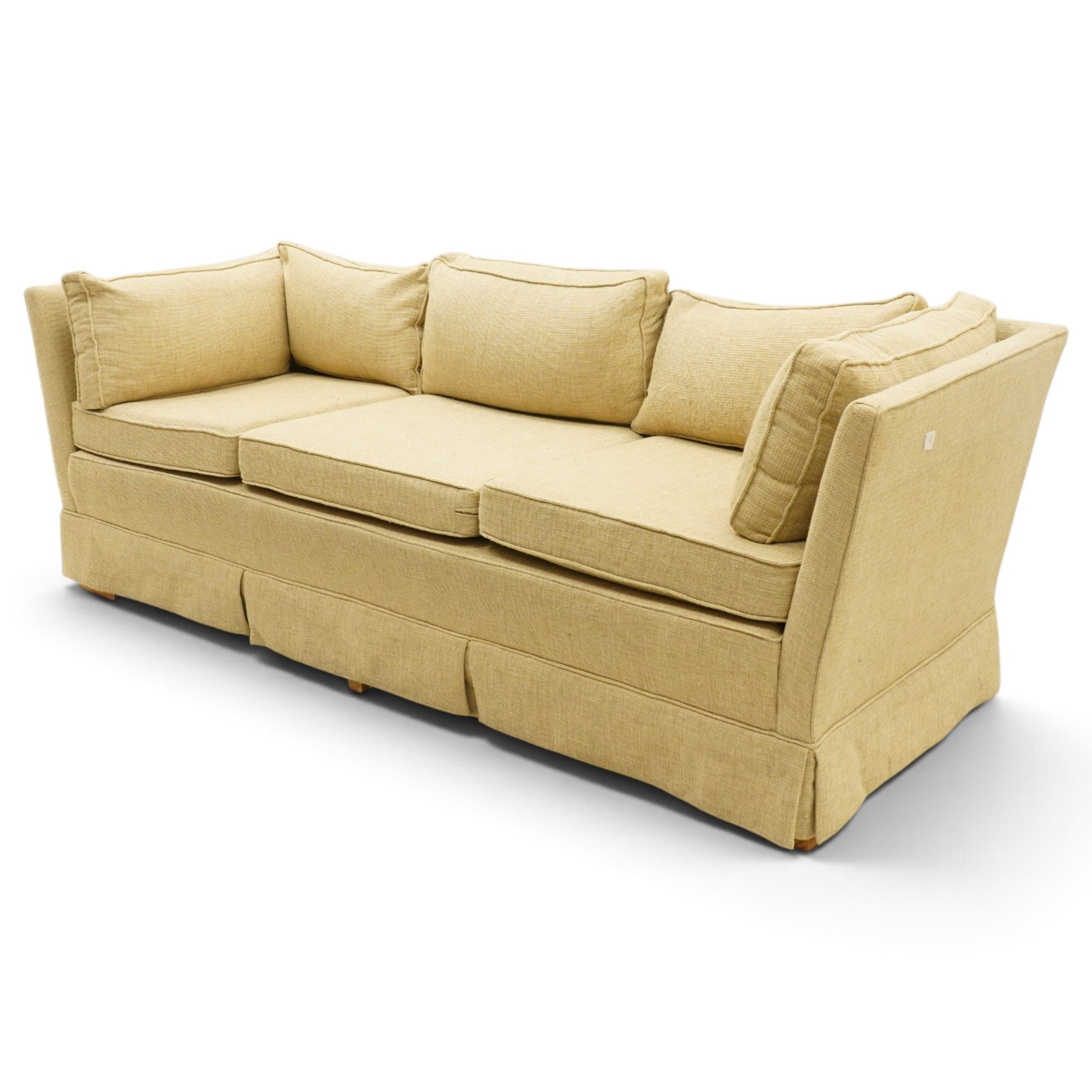 Duresta - three seat sofa of traditional Knole shape, upholstered in neutral tweed-effect fabric with matching seat cushions