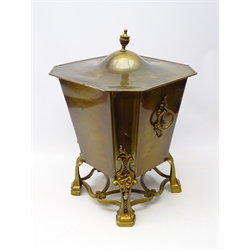  20th century Regency style lidded coal box, tapered form with loop drop handles, acanthus moulded supports with scrolled under stretchers, H57cm  