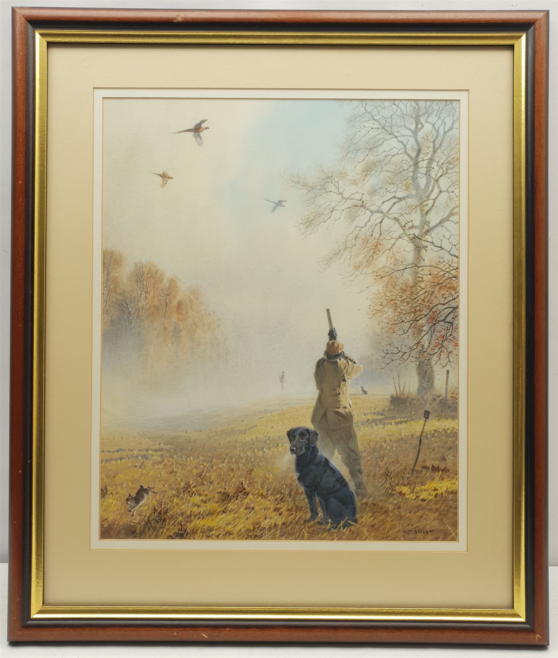 Peter Allis (British 1944-): Pheasant Shooting with Black Labrador, watercolour signed 47cm x 38cm