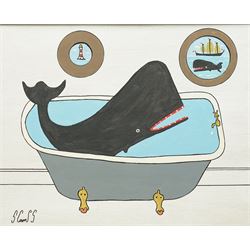Steve Camps (Cornish 1957-): 'Burts Bathtime with Sid Looking On', oil on panel signed, dated 2024 verso 34cm x 44cm
Notes: Cornish artist Steve Camps, a retired builder turned painter in 2023, creates charming naïve-style whale paintings framed in antique finds, quickly gaining acclaim and commanding high prices through Sailors Jail Gallery in Falmouth