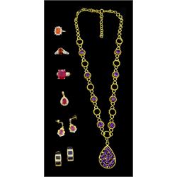 Silver-gilt jewellery including ruby and diamond ring, fire opal and white topaz cluster ring, amethyst necklace, rubellite tourmaline ring, ruby and diamond pendant and two pairs of earrings, all stamped 925