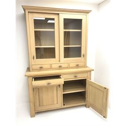 Marks & Spencer's solid light oak dresser, raised back with two sliding display doors above three short and two drawers, two cupboards, stile supports