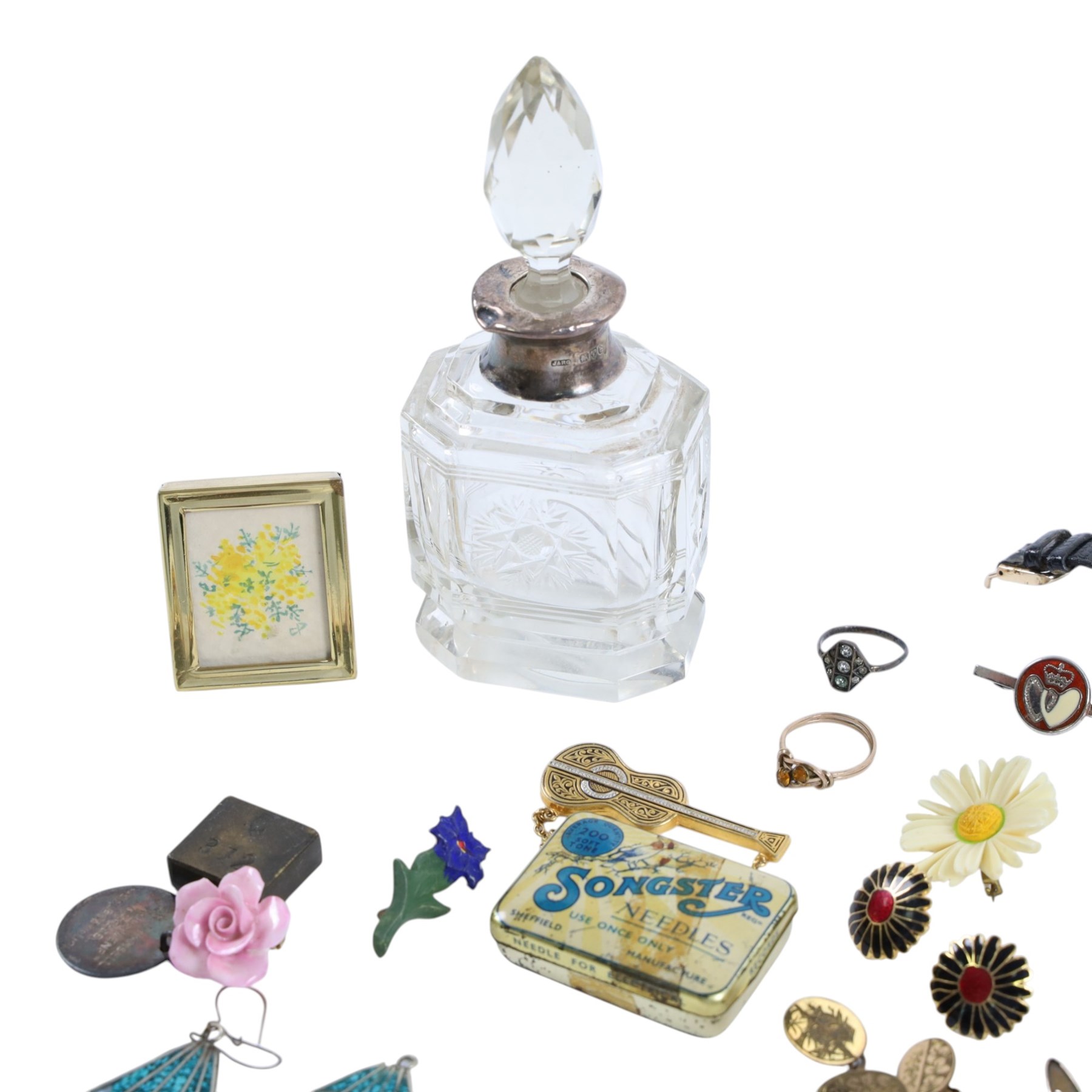 Silver collared glass bottle and a collection of costume jewellery, including beaded necklaces, ring, wristwatch, etc