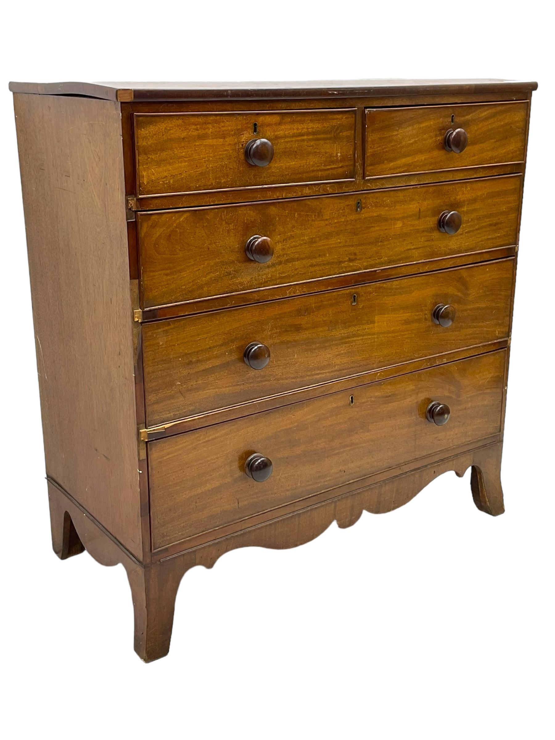19th century mahogany straight-front chest, fitted with two short over three long cock-beaded graduating drawers, on splayed feet