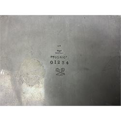 Liberty & Co Tudric pewter cigarette box, of plain rectangular form, with planished decoration to the slightly domed cover, opening to reveal a softwood interior, stamped Made in England 01234 Tudric Solkets beneath, together with another cigarette box, with applied pewter panels repousse decorated throughout with flower heads and leaves, with compartmentalised softwood interior, largest H5.5cm, W23cm