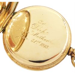 Early 20th century 9ct gold open face, keyless lever presentation pocket watch by American Watch Company, Waltham, No. 17507298, white enamel dial with Arabic hour markers and subsidiary seconds dial, case by Dennison, Birmingham