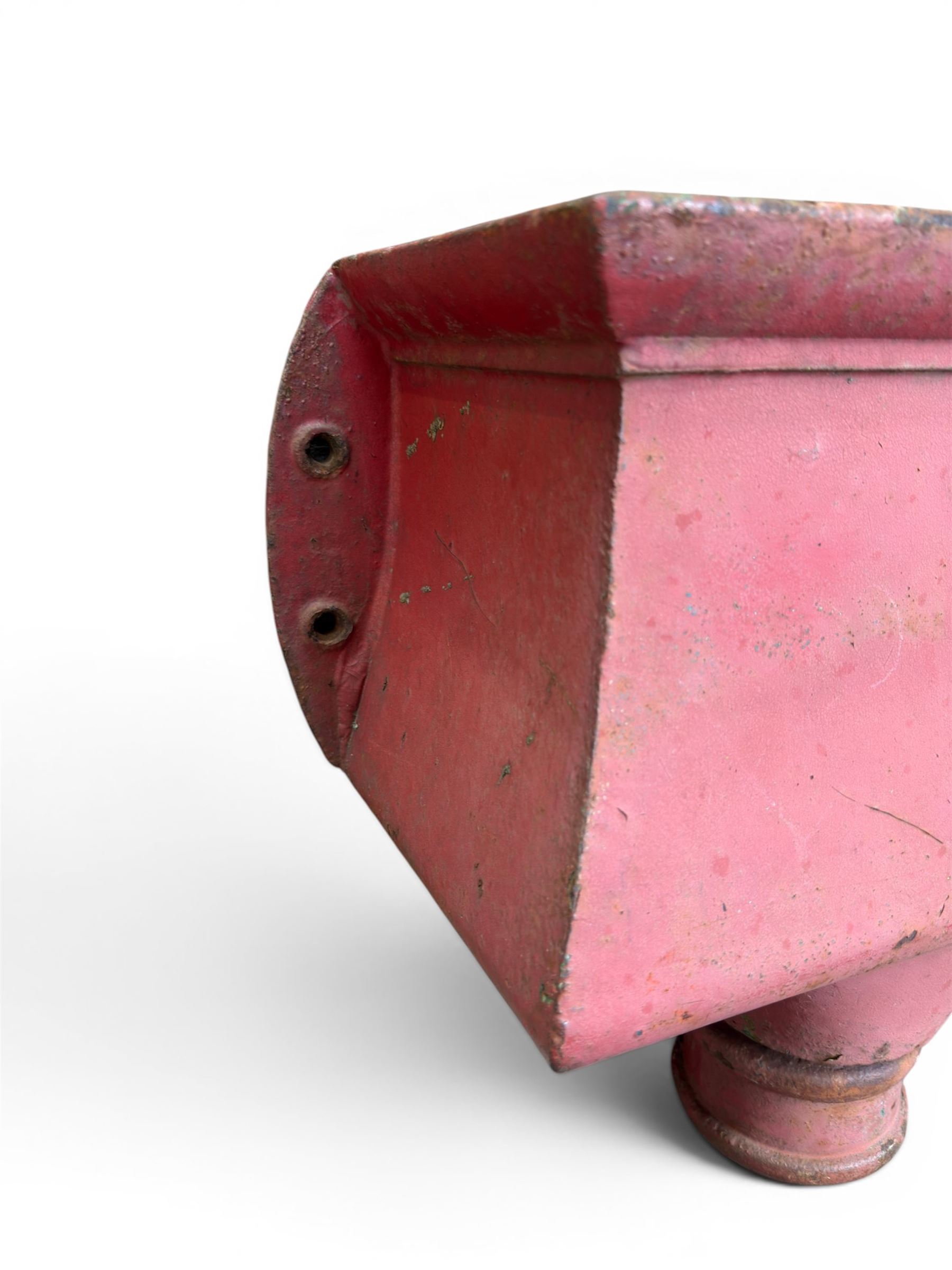 Edwardian heavy cast iron rainwater hopper, with water motif, painted in pale red finish