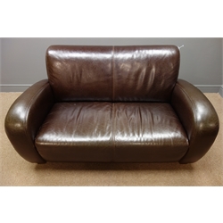  Two seat sofa upholstered in brown leather, W145cm, D87cm  