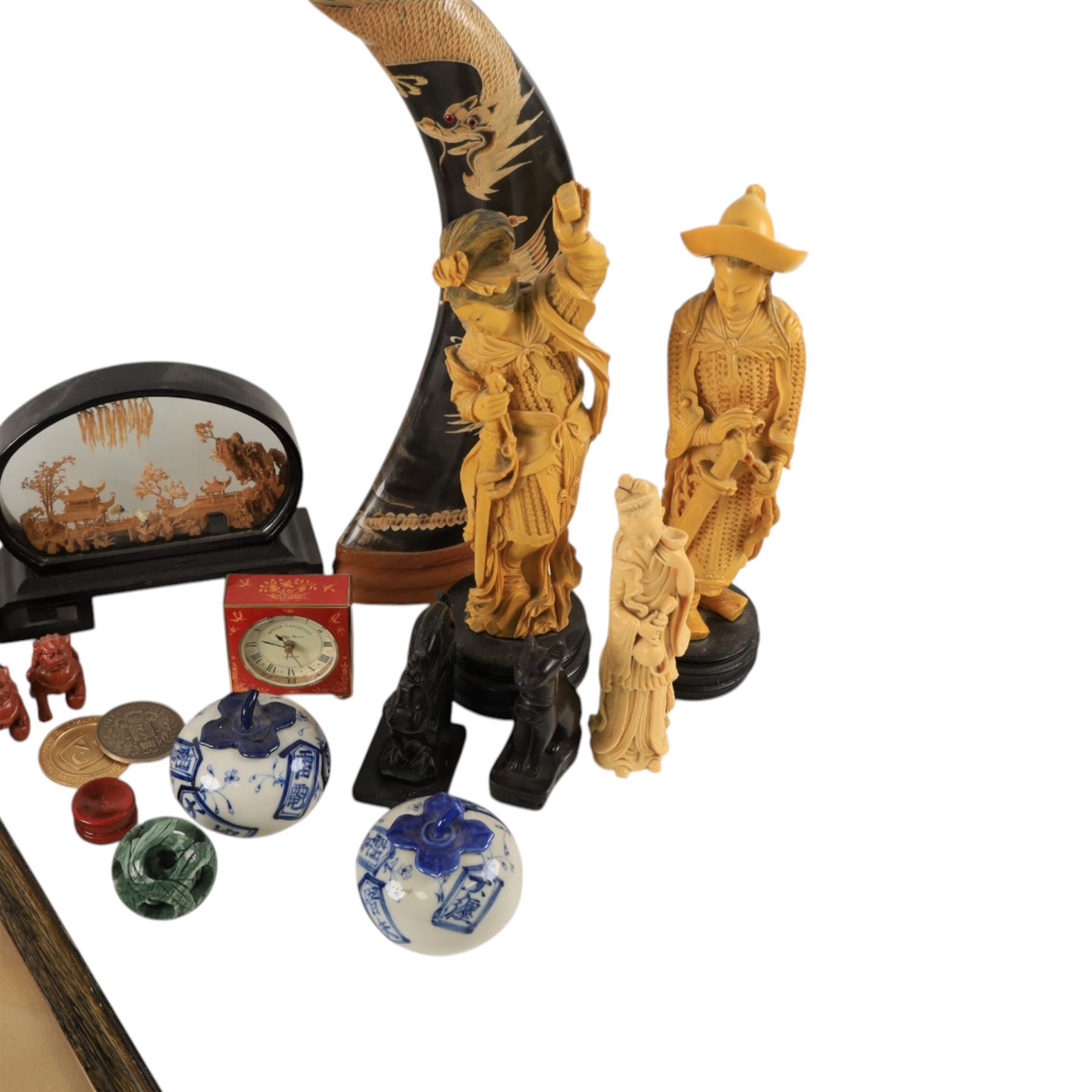 Pair of carved horns, decorated with dragons and birds, together with ceramic figures and other collectables 