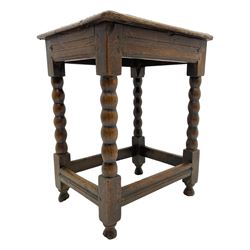 18th century oak joint coffin stool, moulded rectangular top over moulded frieze rails, raised on bobbin turned supports joined by moulded stretchers