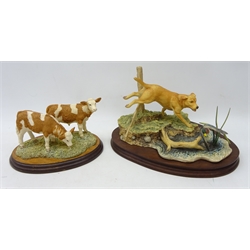  Border Fine Arts 'A Pair of Simmental Calves' and a limited edition model of a dog chasing a duck, by Ayres, No. 594/1500 (2)  