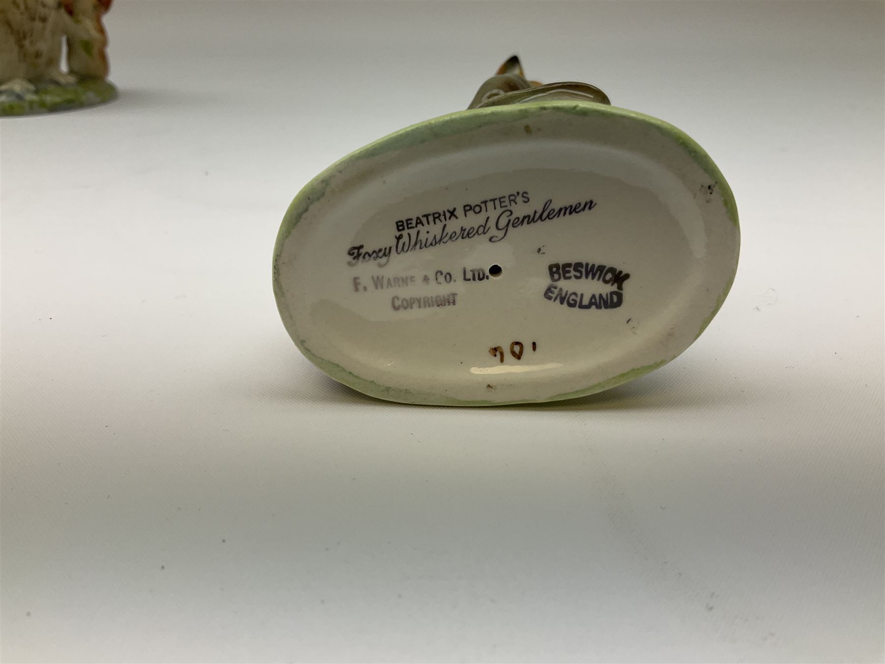 Fifteen Beswick Beatrix Potter figures, comprising Tommy Brock, The Old Woman who live in a Shoe, Samuel Whiskers, Foxy Whiskered Gentleman, Old Mr Brown, Mr Benjamin Bunny and Peter Rabbit, Tailor of Gloucester, Goody Tiptoes, Mr Benjamin Bunny, Diggory Diggory Delvet, Jemima Puddleduck, Aunt Pettitoes, Hunca Munca, Rebeccah Puddle-Duck, and Lady Mouse. 