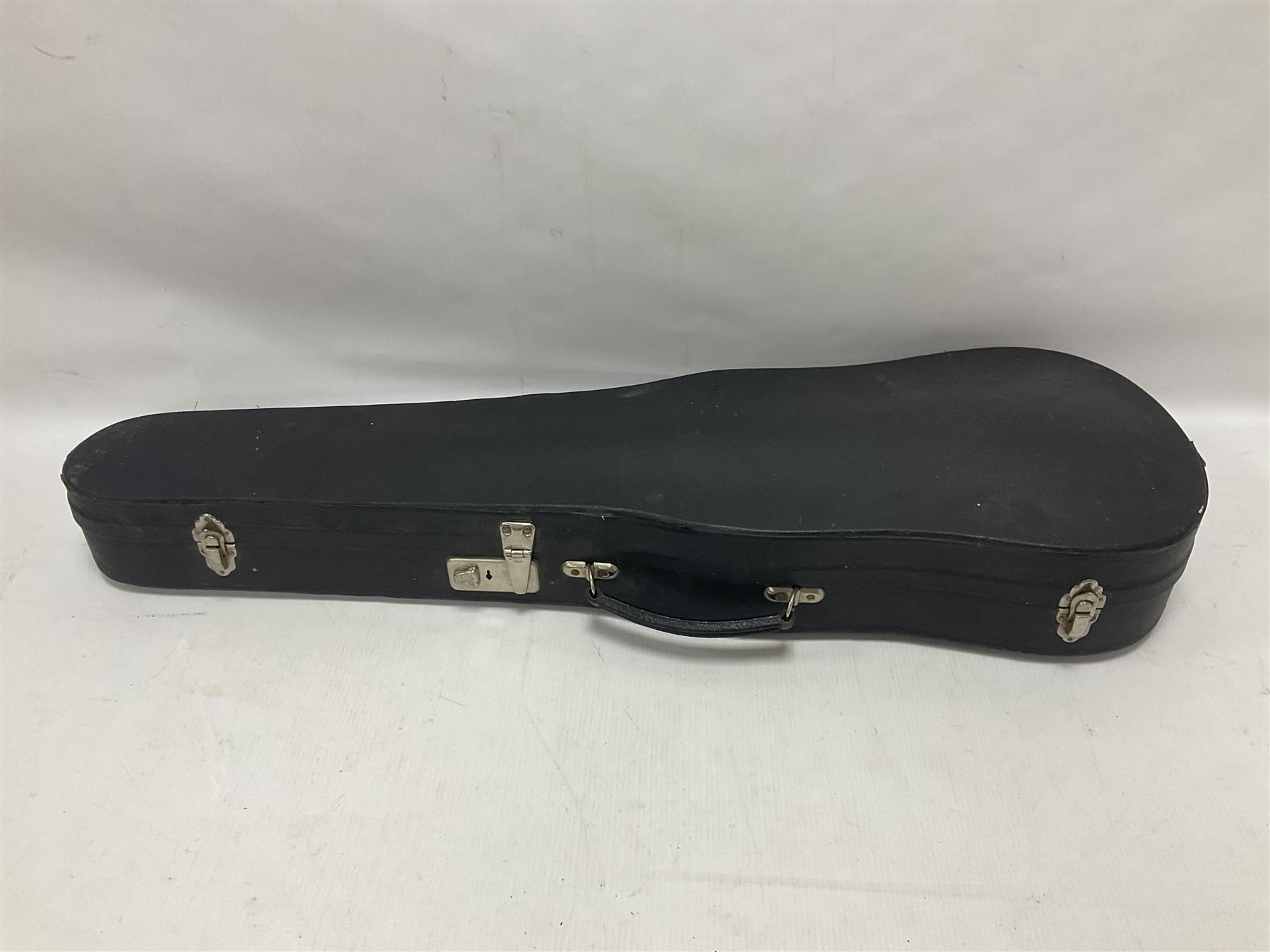 19th century full sized violin in a later hard case, decorative mother of pearl inlay to the tail piece Overall length 60cm No bow
