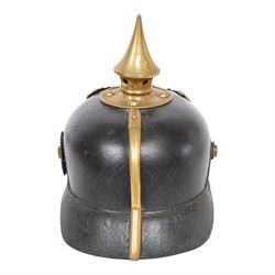 WWI Prussian M1895 Pickelhaube, Infantry 48 3rd battalion, the black leather skull with brass spike finial, brass eagle helmet plate and leather chin strap, one side with a black cockade, with leather lining  marked JR48 