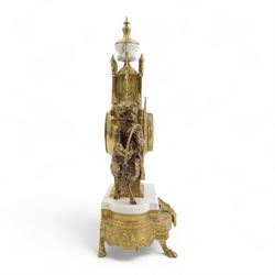 Italian- 20th century 8-day gilt figural mantle clock in the style of a 19th century Parisian lyre clock, drum movement with a porcelain dial flanked by playful cloven-hoofed cherubs on a white marble plinth, raised on a a decorative base with splayed paw feet, twin train spring driven Hermle movement with a floating balance escapement, sounding the hours and half hours on two bells. With key.    