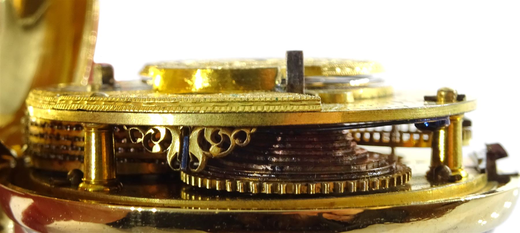 George III gilt pair cased verge fusee pocket watch by George Flote, Islington London, No. 1790, round baluster pillars, pierced and engraved cock balance, white enamel dial with Roman numerals, bull's eye glass, case makers mark I.N, with a fabric watchpaper embroidered with 'Oft let us meet in thought'