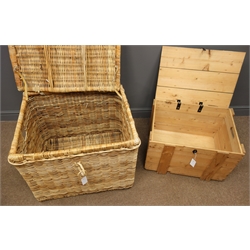 Large wicker basket with hinged lid, (W2cm, H58cm, D59cm), and a pine crate, hinged lid, securing latch, (W61cm, H40cm, D47cm)  