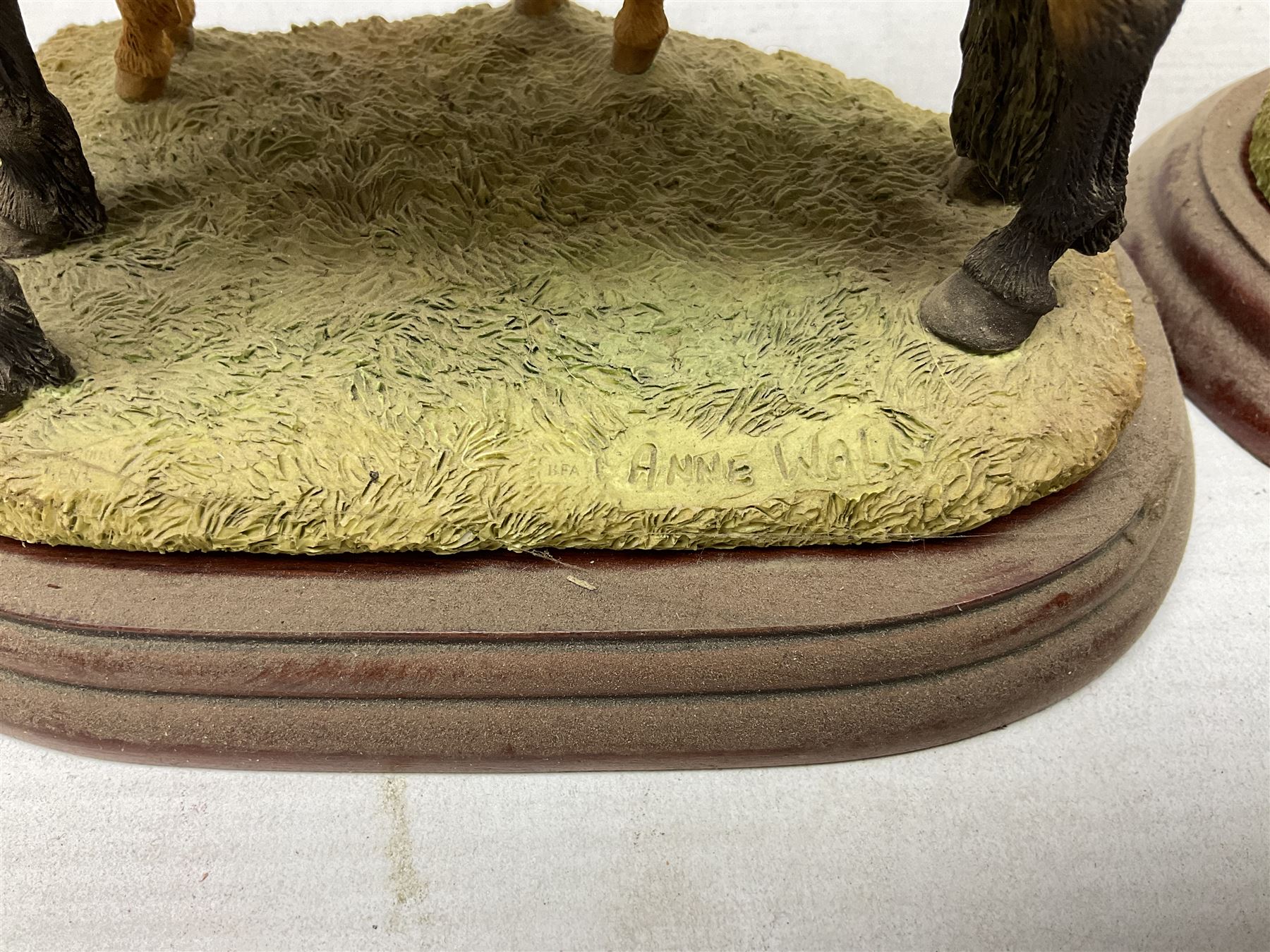 Collection of Border Fine Arts figures, comprising Exmoor Stallion A4058, Highland Mare & Stallion A2691, Welsh Cob A20804, On The Farm A0167, calf figure with bucket and figure group of cow and farmer with cat and kittens (6)