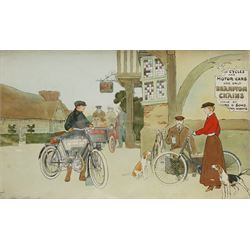 After Cecil Aldin (British 1870-1935), 'For Cycles and Motor Cars Use Only Brampton Chains', chromolithograph pub. Demrus & Sons 24cm x 40cm