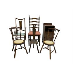Carved spinning chair, pair beech stick back chairs, Art Nouveau style elbow chair, an oak ladder back chair and a mahogany bedside cabinet (6)