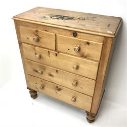 Victorian pine chest, two short and three long drawers, turned supports, W110cm, H133cm, D51cm