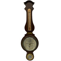 A  20th century Short & Mason compensated aneroid barometer with a  5' silvered dial, measuring barometric pressure from 27 to 32 inches with weather predictions, with a steel indicating hand and brass recording hand within a chrome bezel and flat bevelled glass, with spirit thermometer, Hygrometer and presentation plaque dated 1970. 


