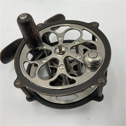 TO RTV Three fishing reels, including American Pflueger progress bulldog size 60 brass and chrome skeleton fly reel, with wooden handle; Maginot 106 fly reel and an alloy reel (3)