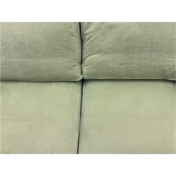 Wesley-Barrell two seat sofa and pair of matching armchairs, upholstered in sage linen fabric