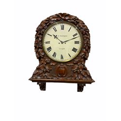 A mid-19th century eight-day Oak cased twin Fusee wall clock with integral support bracket, movement striking the hours on a coiled gong, thirteen-inch painted dial with roman numerals and minute track, blued steel Fleur de Lys hands, dial inscribed “ Jos Penlington, Liverpool”, lockable brass bezel with flat glass, rectangular shouldered four pillar movement plates, rack striking and recoil escapement, movement pinned to the dial via a false plate, rectangular case and bracket on carved corbel supports, profusely carved dial surround with representations of oak leaves and  acorns upon a tooled background, two movement doors with sound frets and one pendulum adjustment door.
With Pendulum. 
The Pennington’s were a prolific family of clockmakers working in Liverpool from 1818 until the turn of the 20th century.
