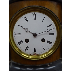  Victorian walnut and ebonised cased mantle clock, twin train Japy Freres movement half hour striking on a bell, with brass presentation plaque dated 1864,. W32cm, H22cm, D16cm  