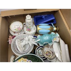 Collection of ceramics to include Wedgwood Jasperware, Dresden Hammersley, Coalport figure, Studio pottery, Crown Staffordshire, blue and white planter, Wilkinson wash jug, Mintons plate, Limoges, boxed Halcyon Days enamel box etc in three boxes