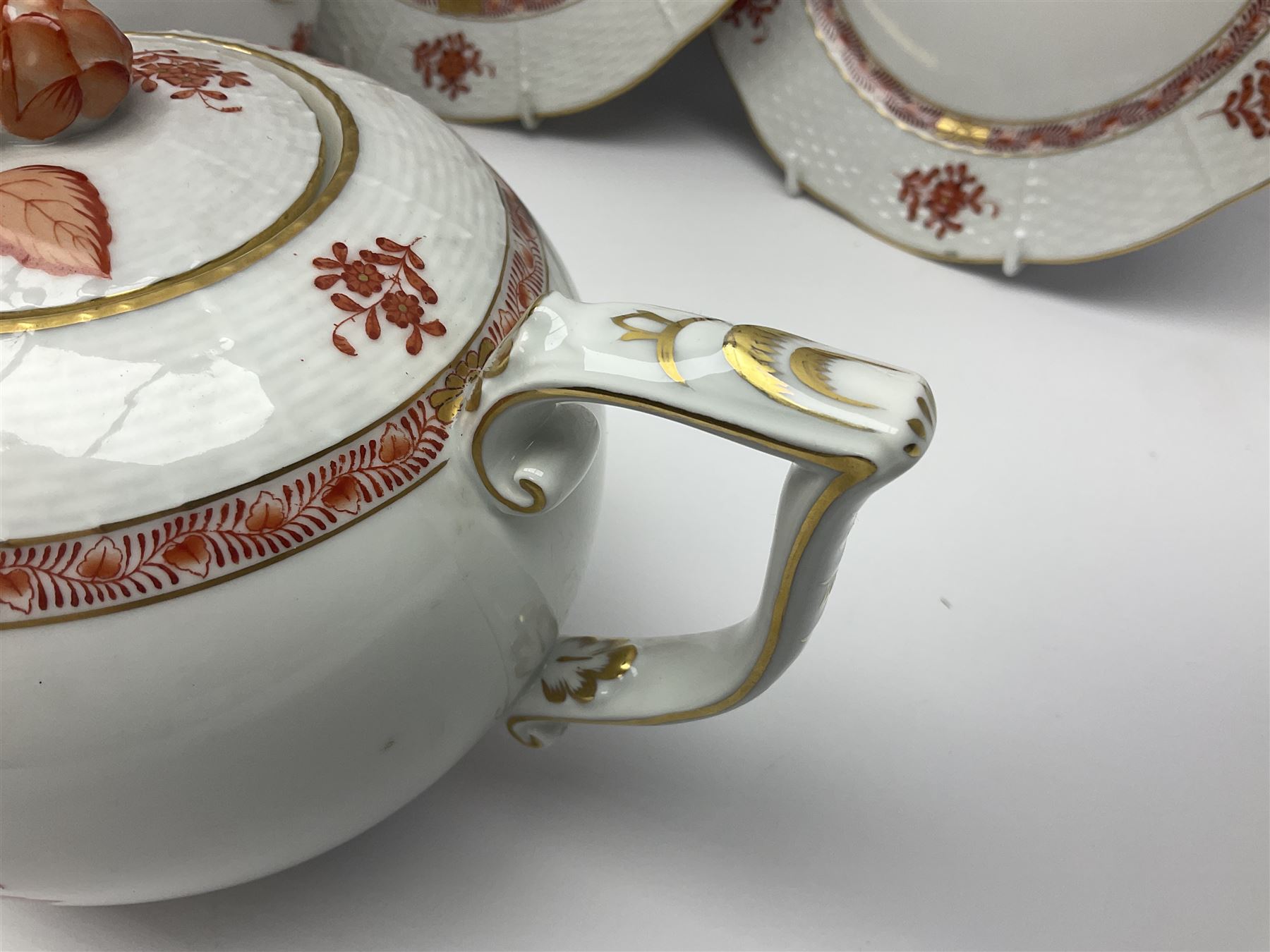 Herend Chinese Bouquet Rose pattern tea service comprising teapot, coffee pot, open sucrier, six cups and saucers, six tea plates, cream jug and stand, milk jug, two teabag holders, preserve pot, two leaf shaped dishes, four egg cups, salt & pepper pots, pair side plates and another plate