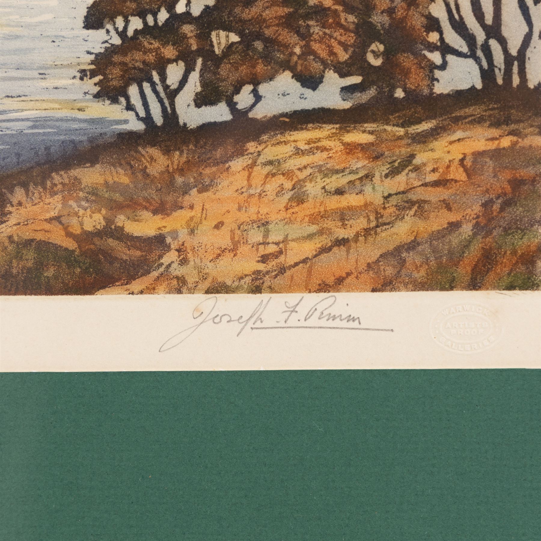 Winston Megoran (British 1913-1971): 'Autumn', coloured etching signed and titled on pencil, 29cm x 34cm; Joseph Frank Pimm (British 1900-1979): 'Derwent Water', coloured etching signed and titled in pencil 25cm x 35cm (2)