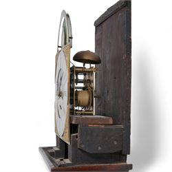 Benjamin Booth of Pontefract - 8-day oak longcase clock c1790. with a stepped broken arched pediment, deep cornice with dog tooth moulding and two brass finials, break arch hood door with flanking reeded pilasters and gesso capitals, trunk with canted corners and a long break arch topped door, on a rectangular plinth with applied skirting, brass dial with rocking ship automata and makers name to to the arch, with bordered cast spandrels and an silvered engraved dial centre, chapter with Roman numerals and five minute Arabic's, matching steel hands , calendar and seconds dials, movement pinned to a rack striking movement with a recoil anchor escapement. With weights, pendulum and key.
Benjamin Booth is recorded as being apprenticed to John Booth of Huddersfield in 1760 and working in Pontefract c1766 until his death in 1806. 