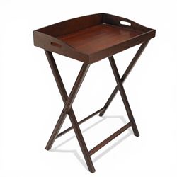 Georgian design mahogany butlers tray on stand, tray top with pierced handles, on a foldin...