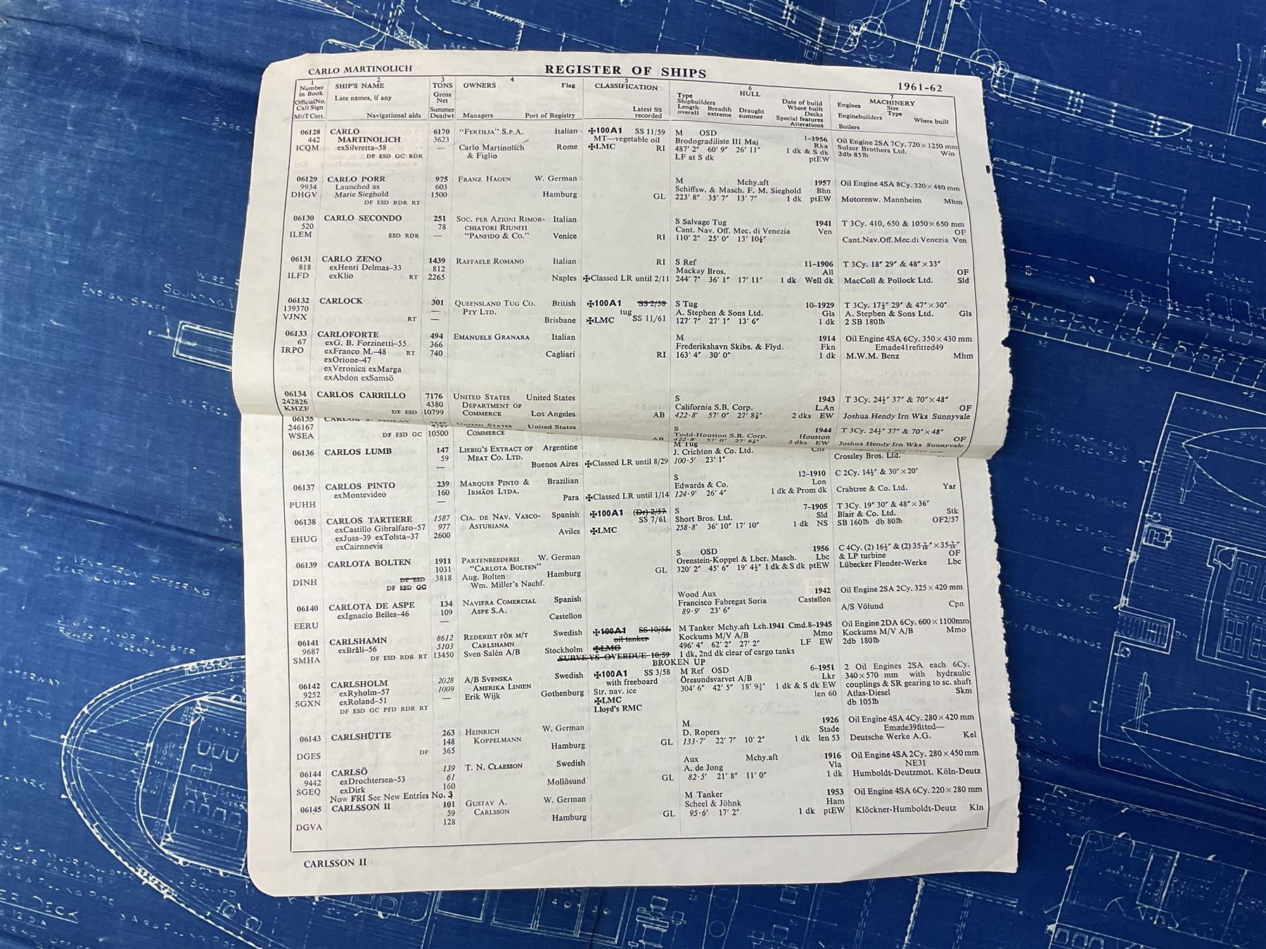 Blue print for the Ellerman's Wilson Line Ltd steam ship 'Carlo', entitled General Arrangement As Fitted' scale 1/8