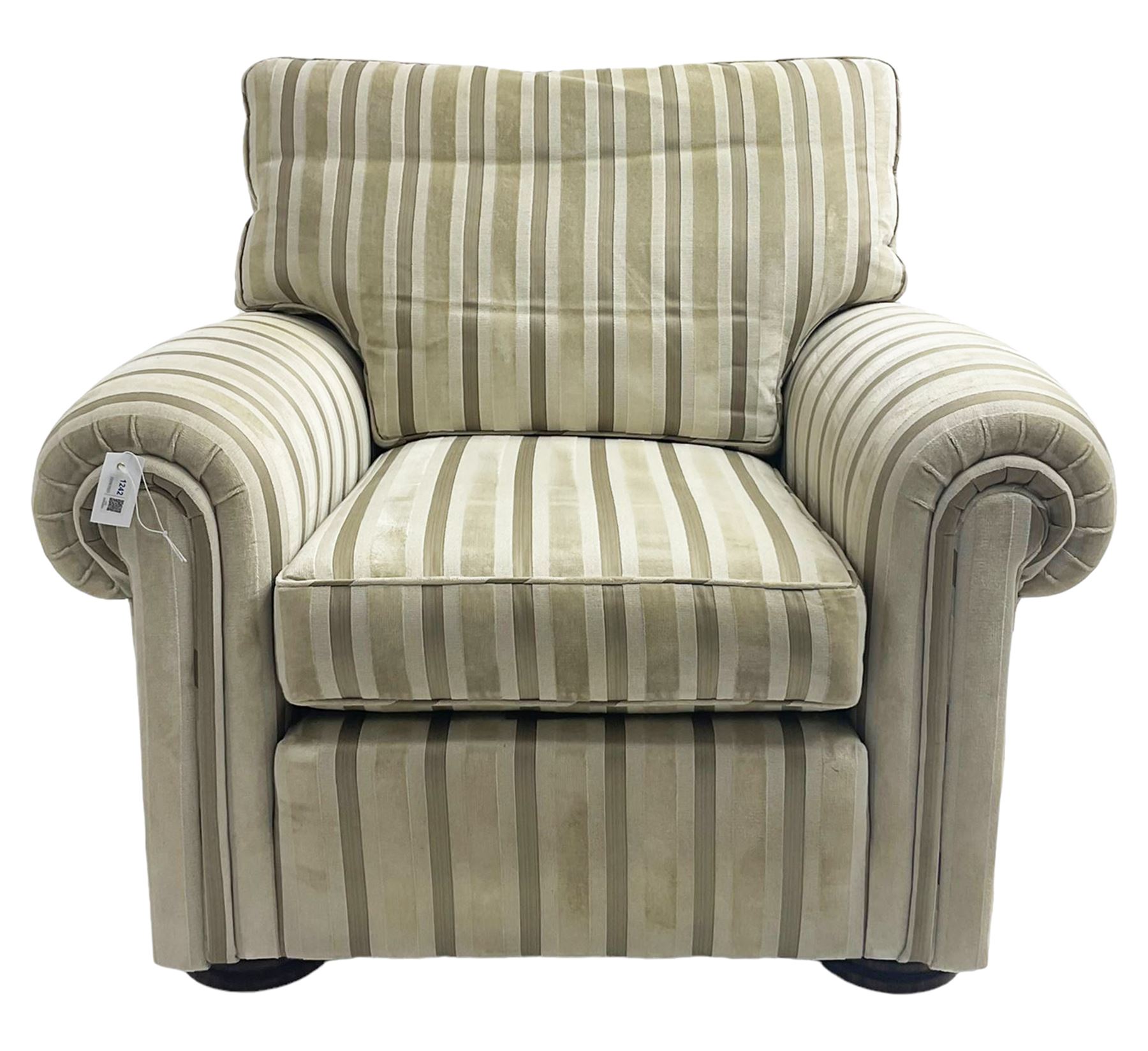 Duresta - 'Waldorf' armchair, in neutral striped fabric, on compressed bun feet