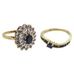 Gold oval sapphire and diamond chip cluster ring and a gold sapphire ring, both hallmarked 9ct