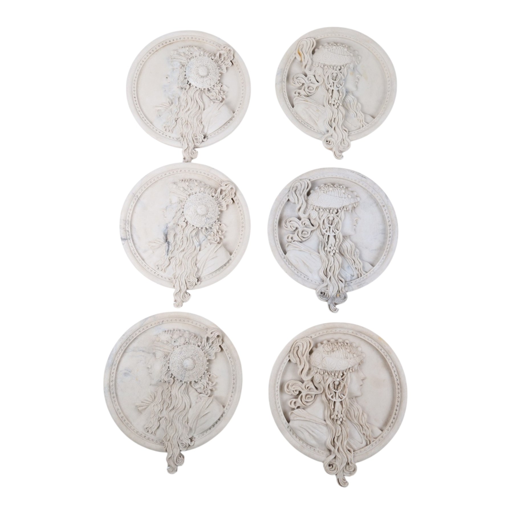 Set of six Art Nouveau style resin plaques , D20cm