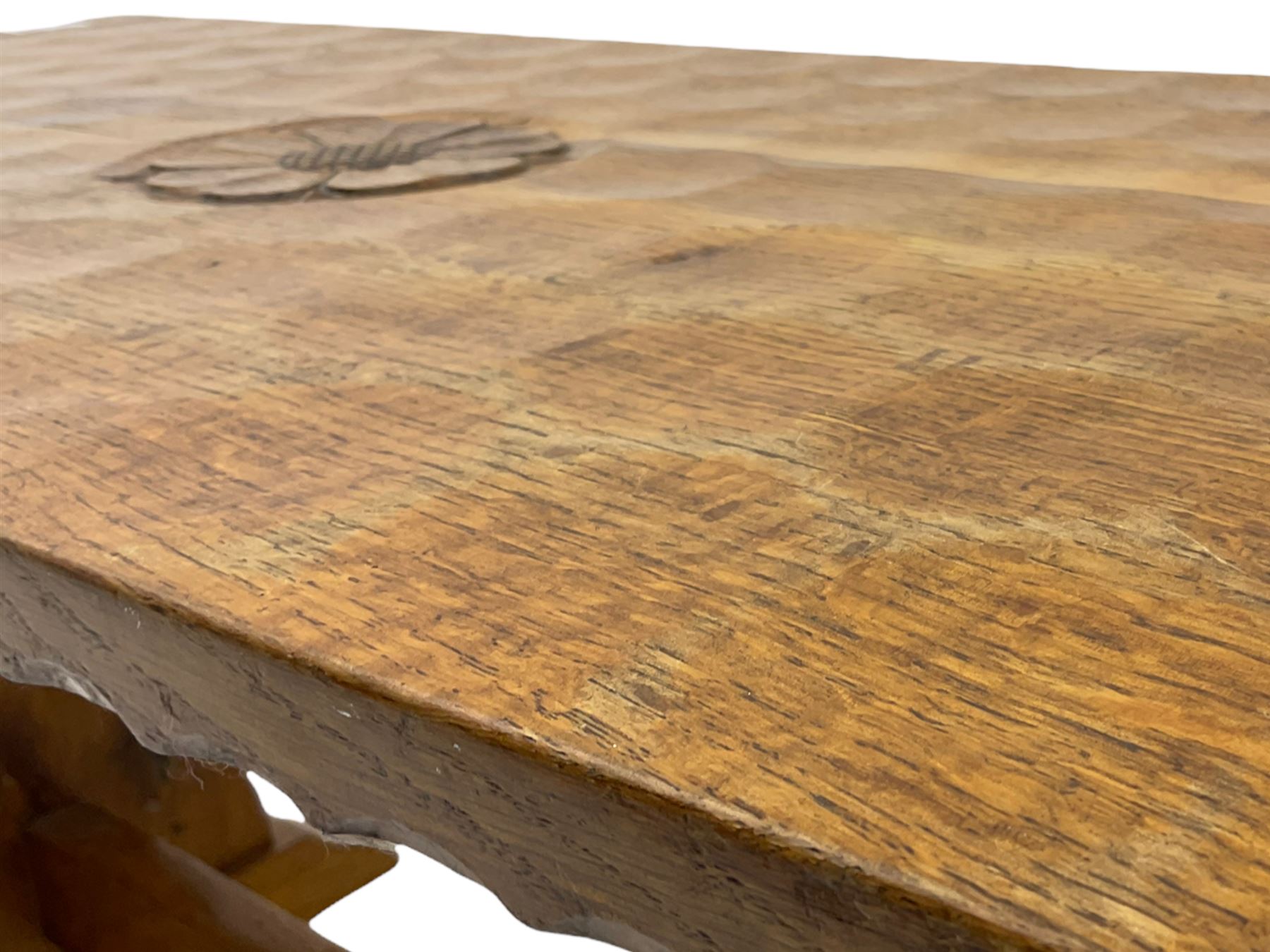 'Woodpeckerman' - Yorkshire oak rectangular coffee table by Stan Dodds, carved central rose, stretcher base, carved Woodpecker motif to the leg 