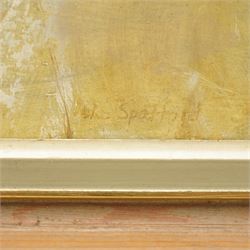 Iola Spafford (British 1930-): 'Edge of the Shore', oil on board signed, titled on Lane Gallery label verso 44cm x 64cm