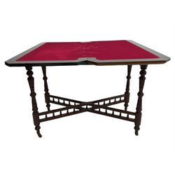 Late Victorian figured walnut and amboyna card-table, rectangular fold over top with baize lining, on turned supports joined by x framed balustrade stretchers