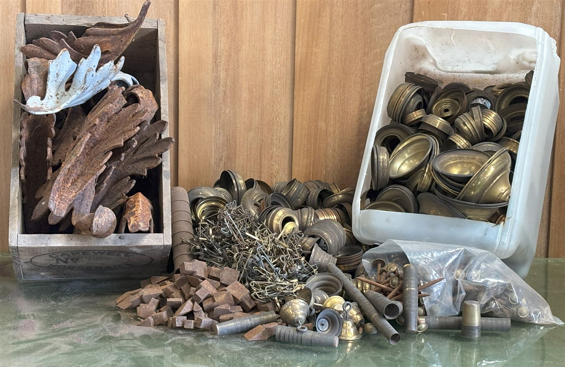 Quantity of early 20th century brass light fitting parts, together with brass walking stick ferals, brass headed nails, wrought iron acanthus leaf brackets etc.  - COLLECTION BY APPOINTMENT FROM: The White House, Thirsk Road, Easingwold, York, YO61 3NF - CALL 01723 507111 TO ARRANGE