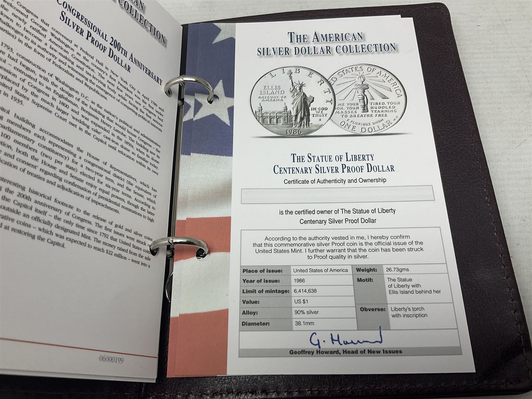 Five United States of America commemorative silver proof coins, comprising 1986, 1987, 1989, 1992 one dollars and 1982 half dollar, all with certificates
