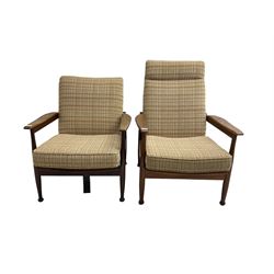 Guy Rogers - pair mid-century 'Manhattan' teak framed open armchairs, upholstered seat and back on turned supports